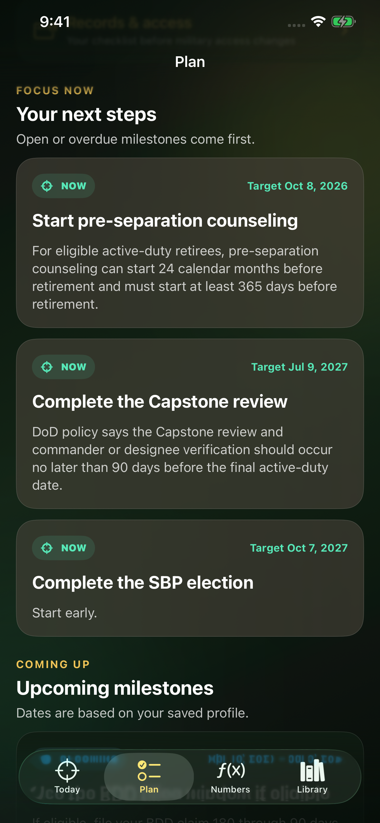 Endgame: Military Retirement build70 planning milestones